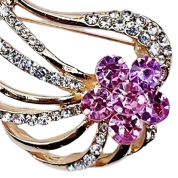 Swan-Shaped Brooch with Rhinestones on a Gold Color Alloy Base - Purple - Picture 5 of 6